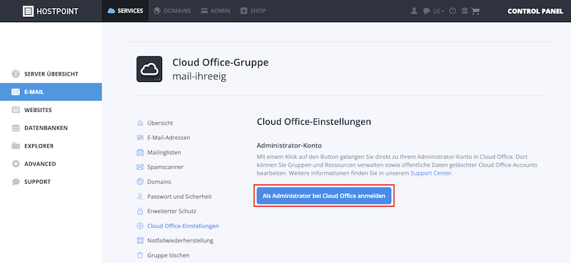 Cloud Office Als Administrator anmelden de