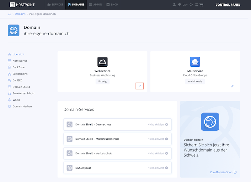 Domain Webhosting zuweisen 01 de