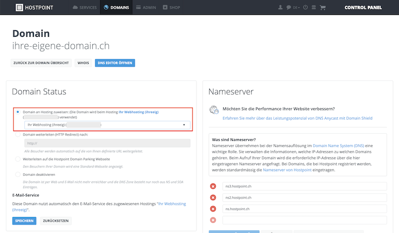 Domain Webhosting zuweisen de