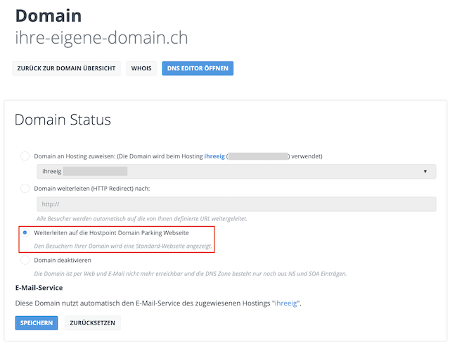 Domain auf Parking weiterleiten de