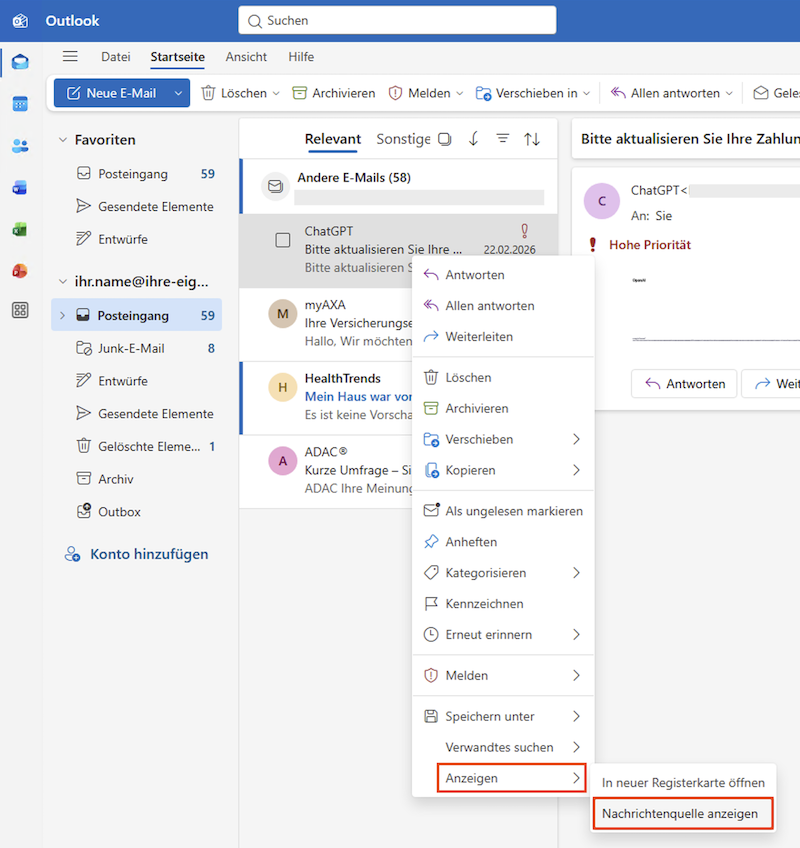 Outlook Header anzeigen de