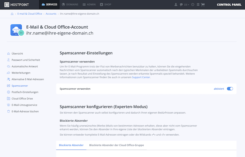 Spamscanner Einstellungen Control Panel de