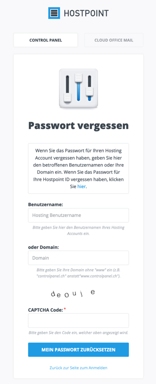 Control Panel Passwort vergessen