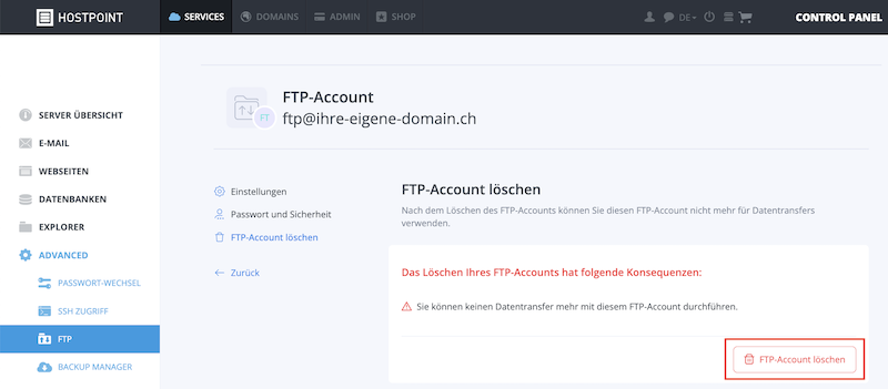 FTP Account loeschen de