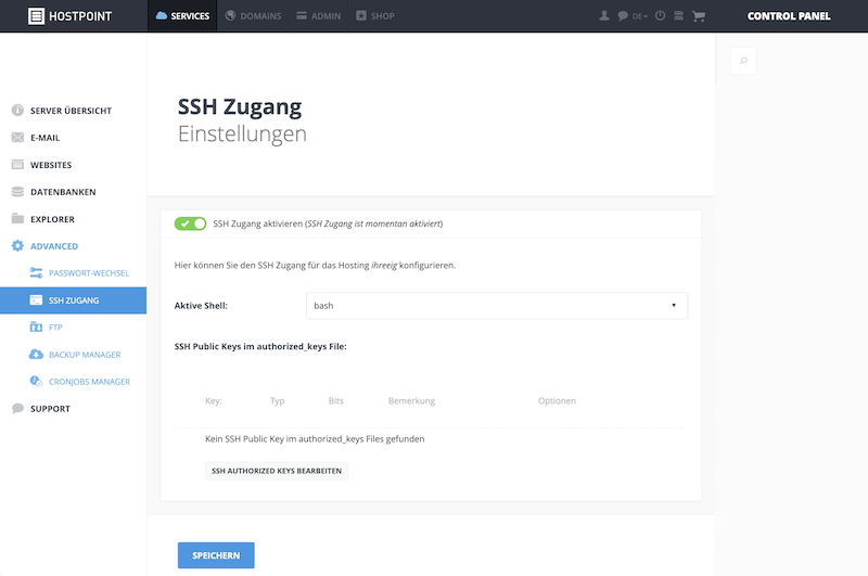 Webhosting SSH Zugang de