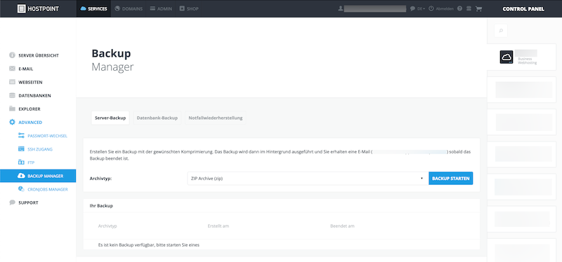 Control Panel - Backup