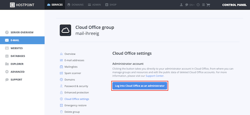 Cloud Office Als Administrator anmelden en