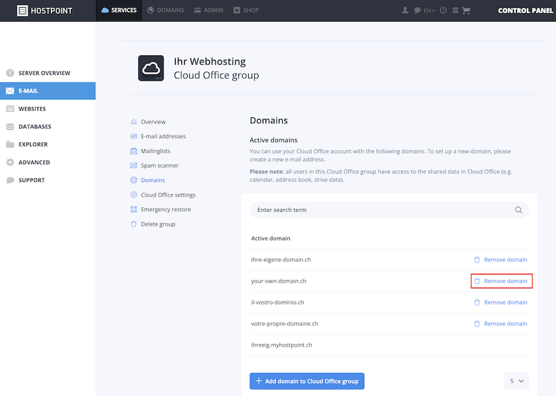 Domain von CloudOfficeGruppe entfernen en