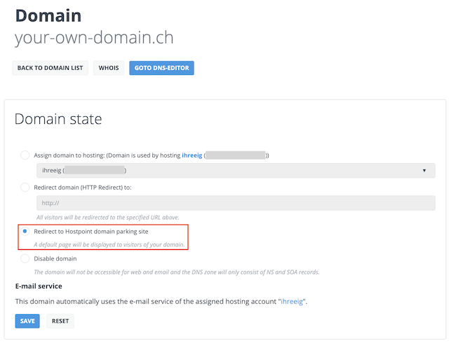 Domain auf Parking weiterleiten en