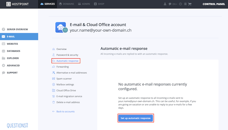 Keine automatische Antwort Webhosting en