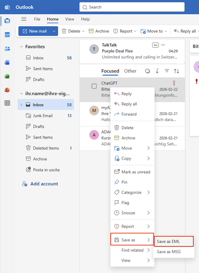 Outlook EML speichern en