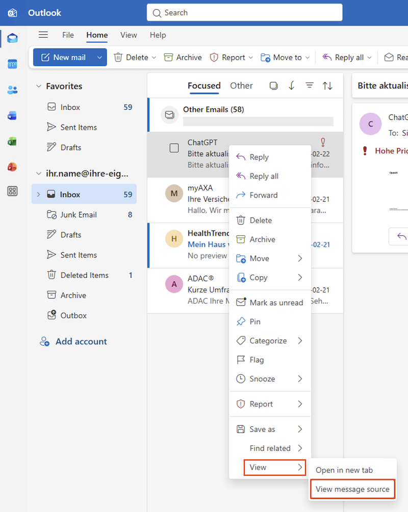 Outlook Header anzeigen en