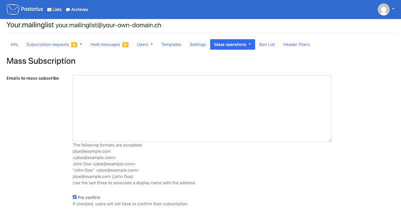 Mailman Mailingliste Mass Subscribe en