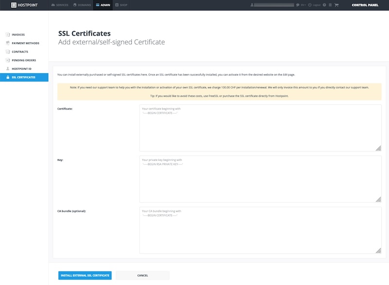 Add an external/self-signed SSL Certificate