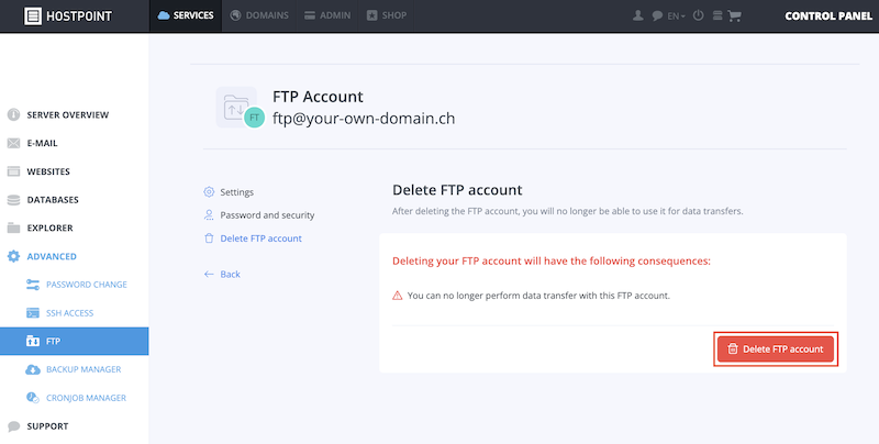 FTP Account loeschen en