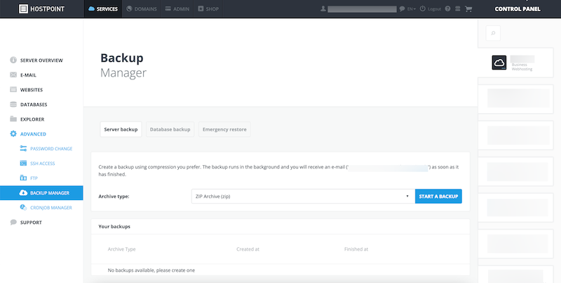 Control Panel - Backup