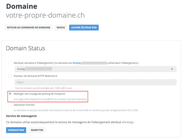 Domain auf Parking weiterleiten fr
