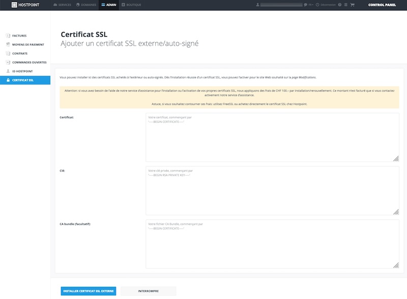 Ajouter un certificat SSL externe/auto-signé