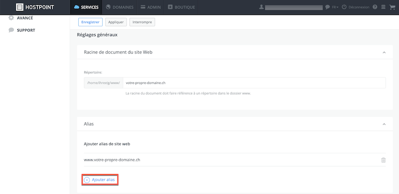 Ajouter un alias de site web