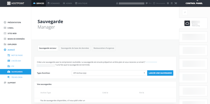 Control Panel - Sauvegarde