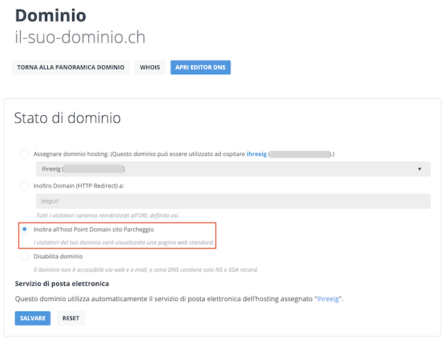 Domain auf Parking weiterleiten it