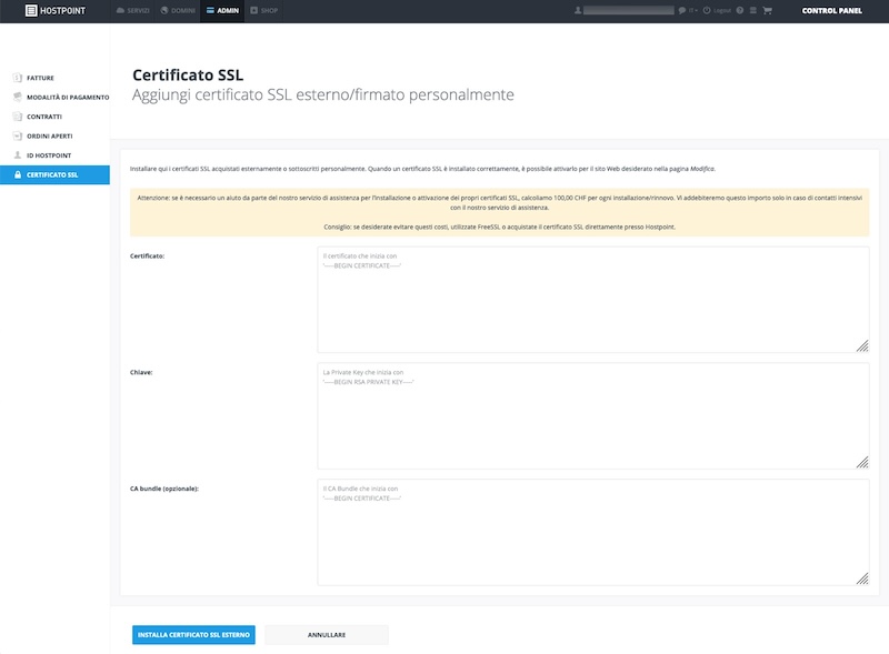 Aggiungi certificato SSL esterno/firmato personalmente