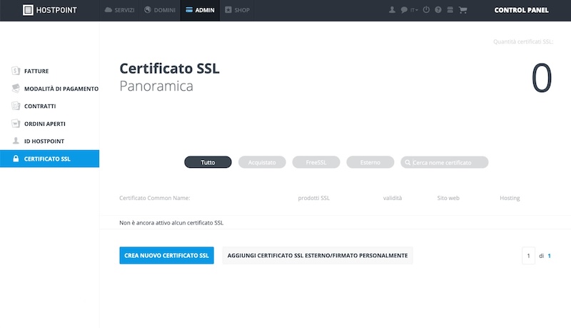 Crea certificato FreeSSL
