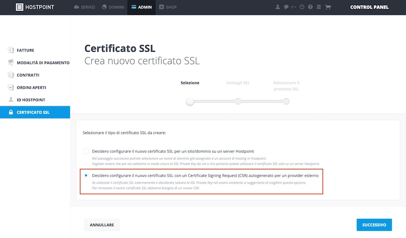 Crea certificato FreeSSL