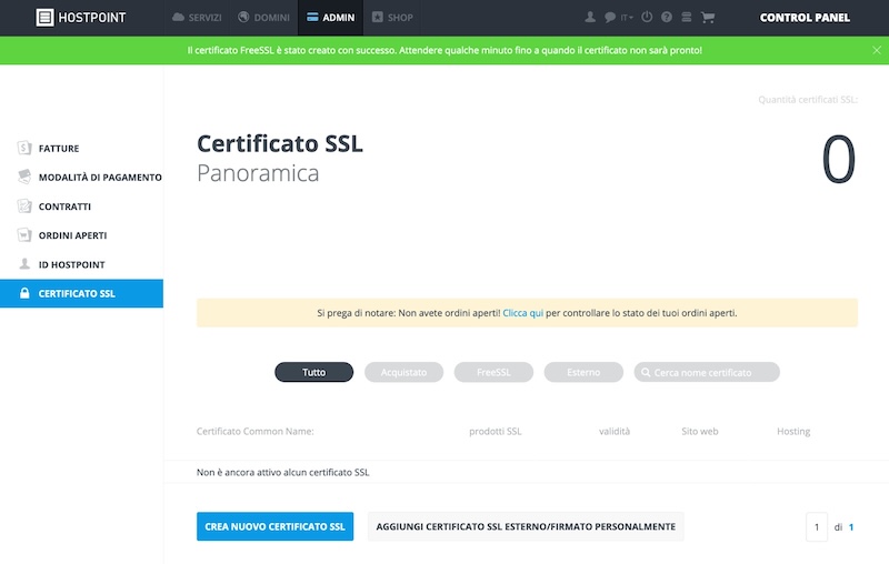 Crea certificato FreeSSL